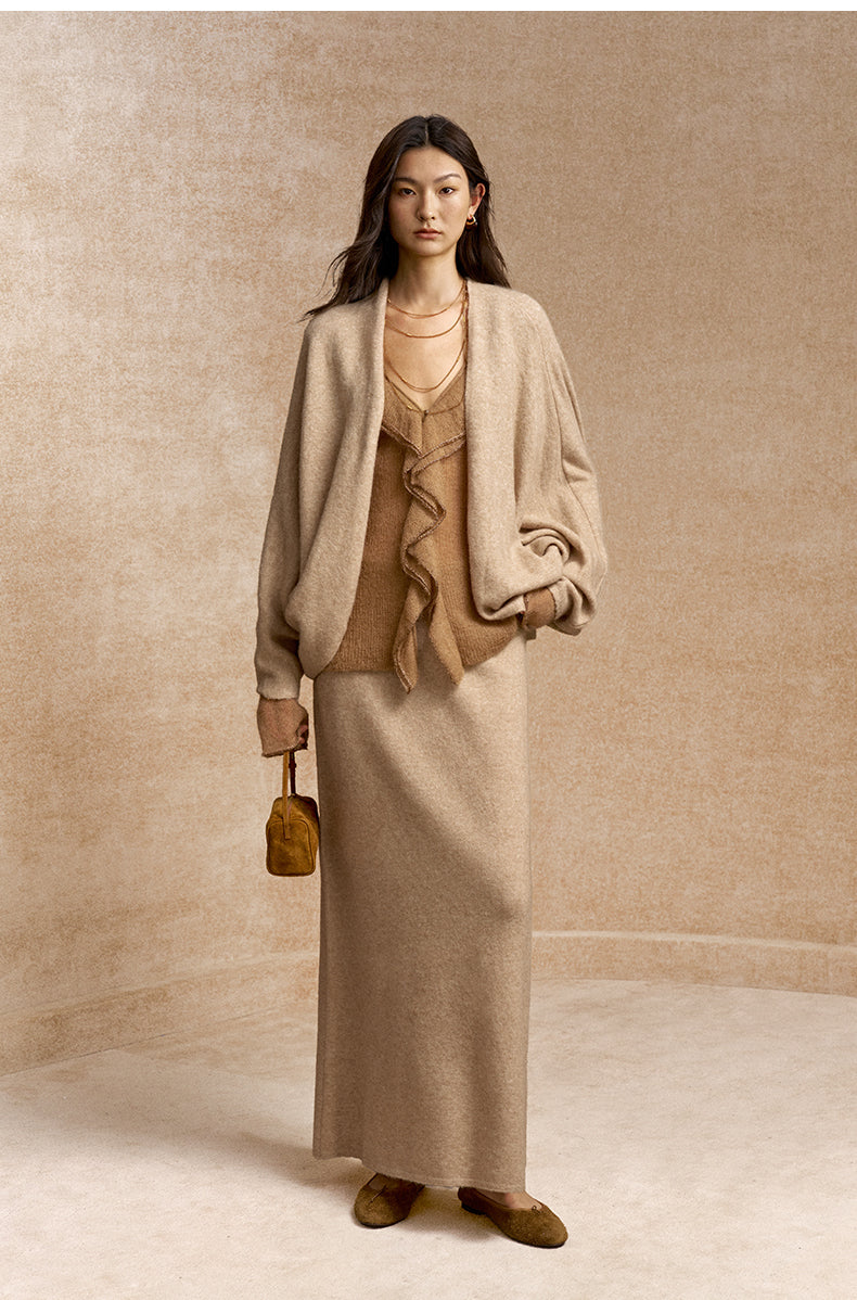 Dongfeng Gentle A-Line Knit Skirt in Beige Camel - view 2