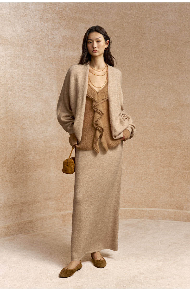 Dongfeng Gentle A-Line Knit Skirt in Beige Camel - view 3