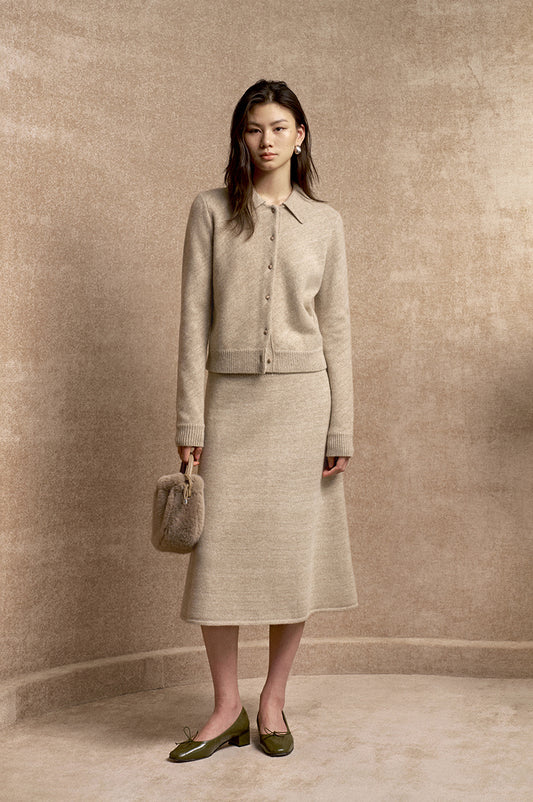 Muyuzi Flared Wool Midi Skirt in Light Apricot Beige - view 1 - Light Apricot Beige