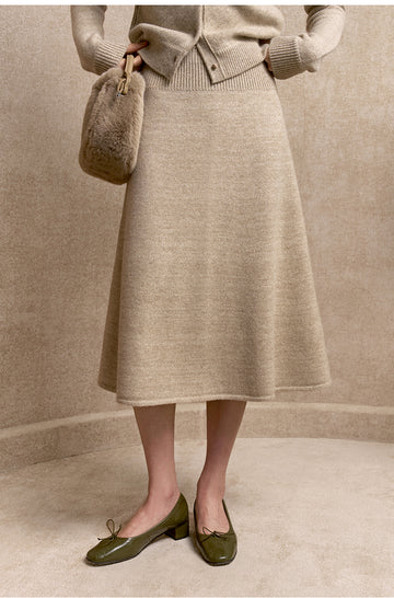 Muyuzi Flared Wool Midi Skirt in Light Apricot Beige - view 2 - Light Apricot Beige