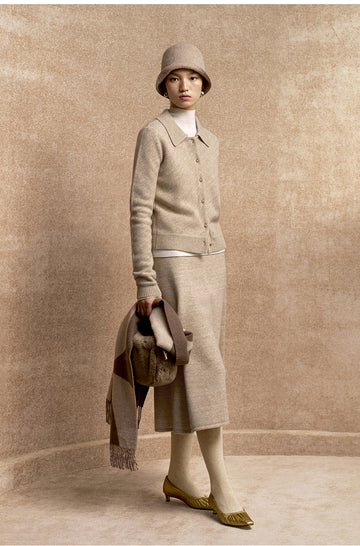 Muyuzi Flared Wool Midi Skirt in Light Apricot Beige - view 3 - Light Apricot Beige