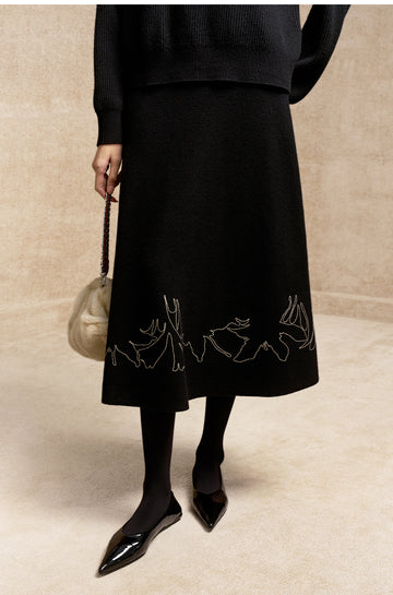 Fuhuajin Embroidered Wool Blend Skirt in Ink Black - view 1