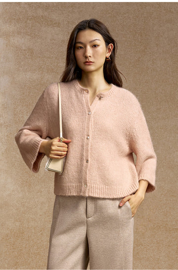 Xuanqing Cropped Alpaca Wool Cardigan in Light Apricot Pink - view 3