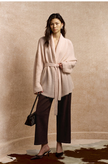 Gui Chao Huan Belted Knit Cardigan in Dusk Pink - view 1