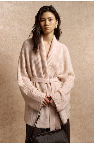 Gui Chao Huan Belted Knit Cardigan in Dusk Pink - view 3