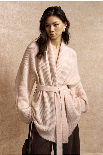 Gui Chao Huan Belted Knit Cardigan in Dusk Pink - view 4