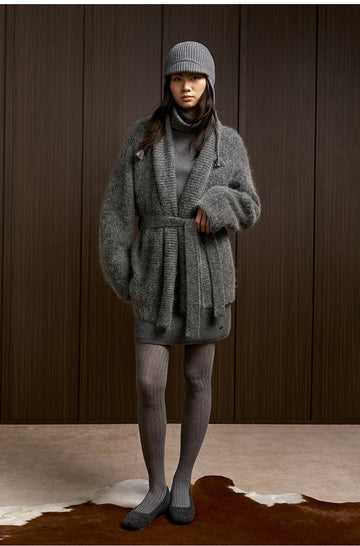 Gui Chao Huan Belted Knit Cardigan in Pine Smoke Grey - view 2