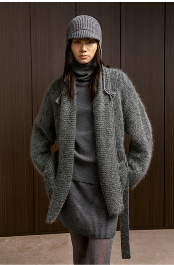 Gui Chao Huan Belted Knit Cardigan in Pine Smoke Grey - view 3