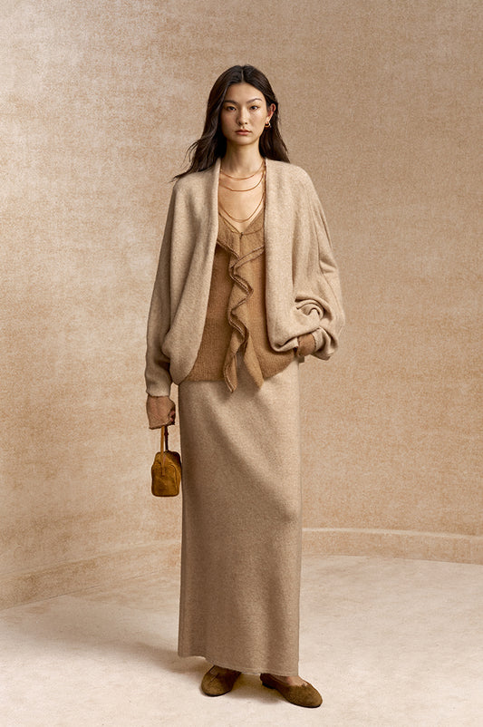 Zuidongfeng Batwing V-Neck Knit Cardigan in Beige Camel - view 1