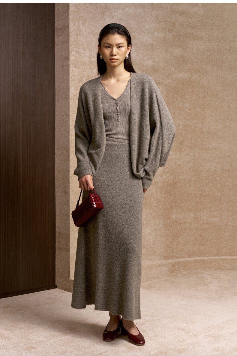 Zuidongfeng Batwing V-Neck Knit Cardigan in Grey Brown - view 1