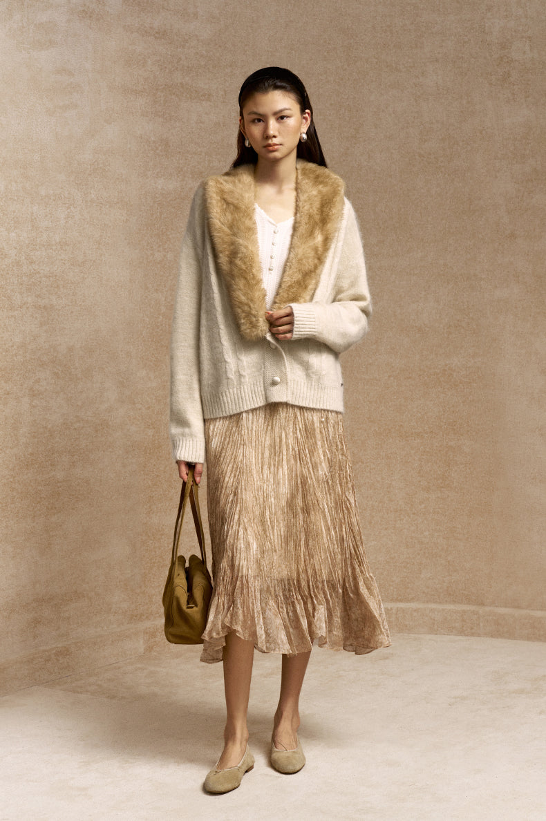 Ganzhou Faux-Fur Collar Cable Cardigan in Jade Ivory - view 1