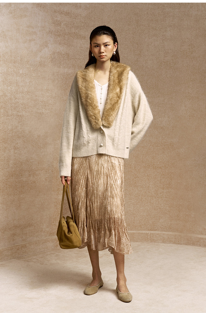 Ganzhou Faux-Fur Collar Cable Cardigan in Jade Ivory - view 2