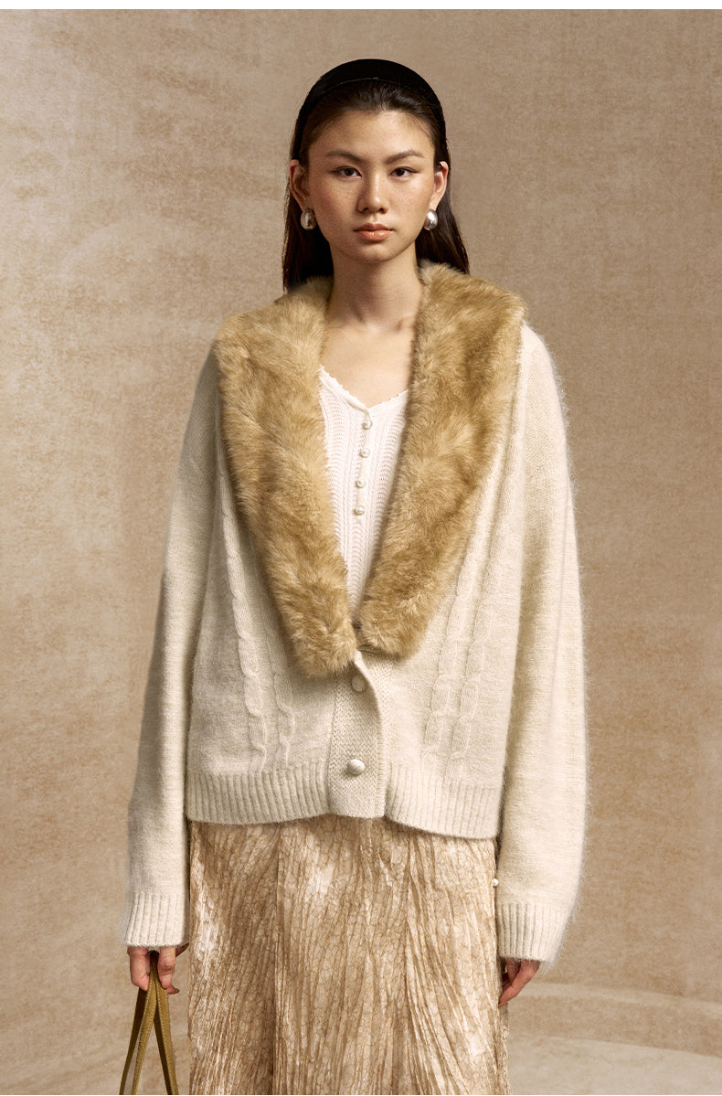 Ganzhou Faux-Fur Collar Cable Cardigan in Jade Ivory - view 3