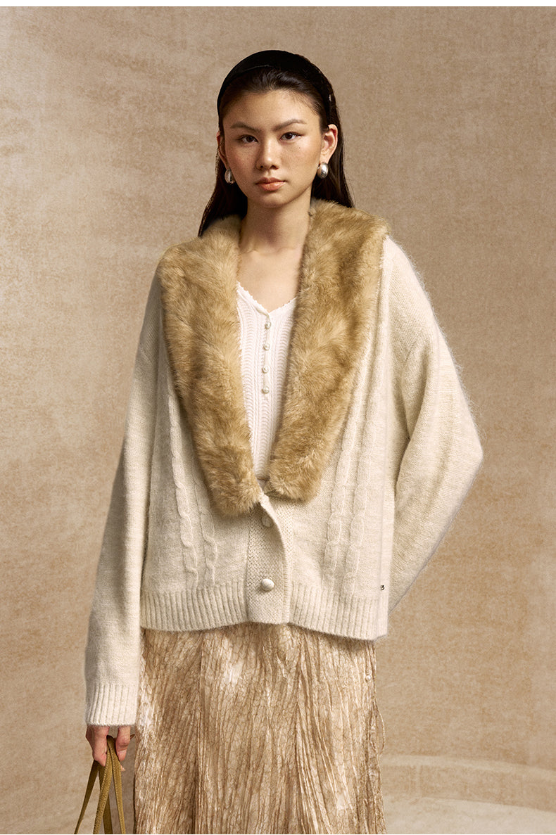Ganzhou Faux-Fur Collar Cable Cardigan in Jade Ivory - view 4