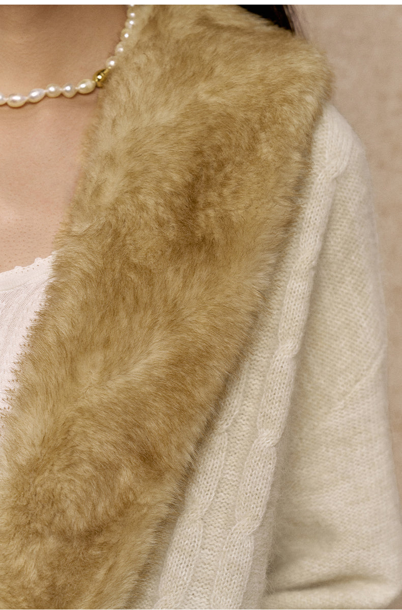 Ganzhou Faux-Fur Collar Cable Cardigan in Jade Ivory - view 5