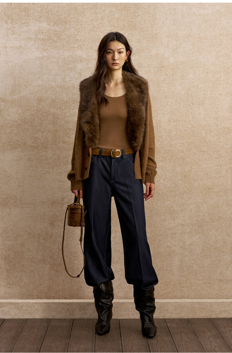 Ganzhou Faux-Fur Collar Cable Cardigan in Amber Brown - view 1