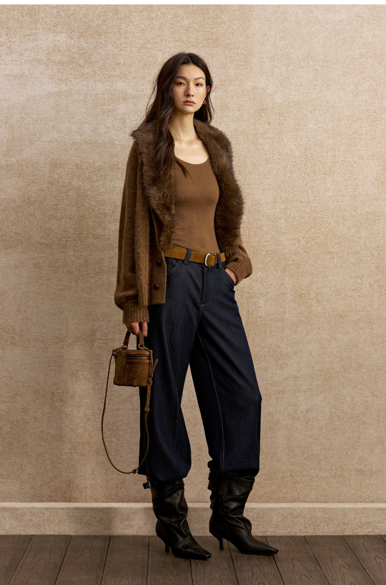 Ganzhou Faux-Fur Collar Cable Cardigan in Amber Brown - view 3
