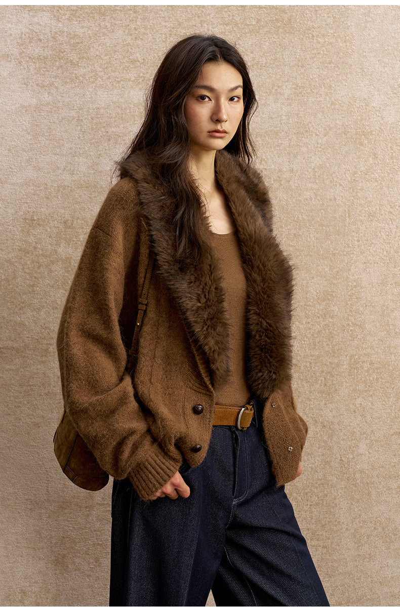 Ganzhou Faux-Fur Collar Cable Cardigan in Amber Brown - view 4