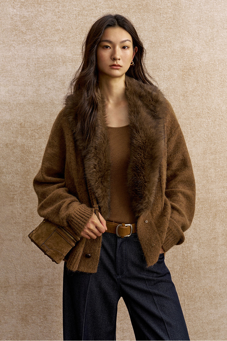 Ganzhou Faux-Fur Collar Cable Cardigan in Amber Brown - view 5