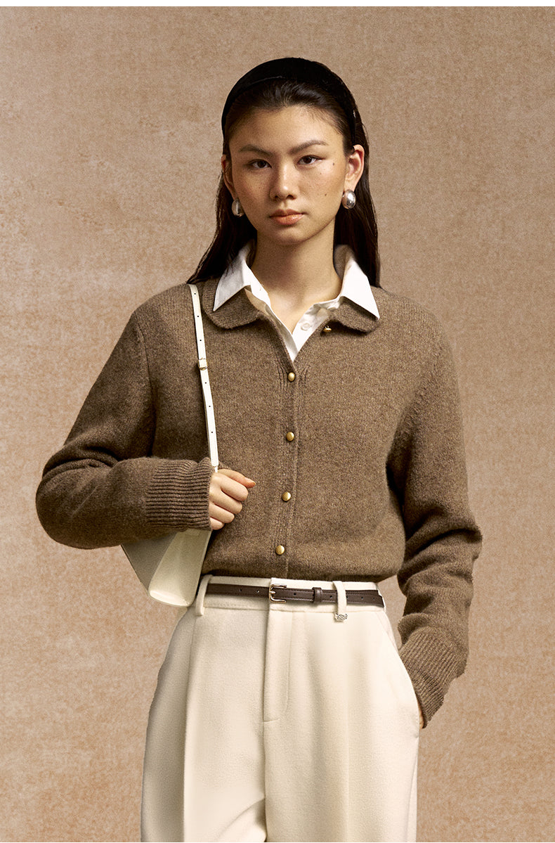 Duqing Peter Pan Collar Cardigan in Heather Camel - view 3