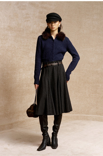 Yudiaohuan Detachable Faux Fur Collar Cardigan in Navy - view 1