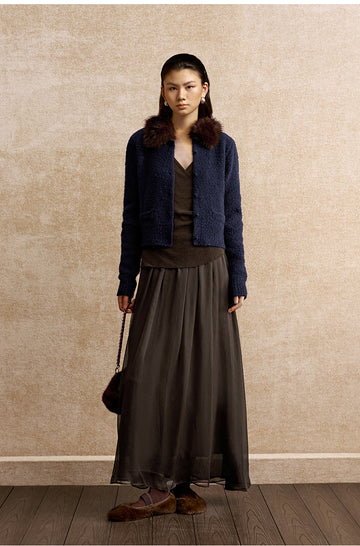 Yudiaohuan Detachable Faux Fur Collar Cardigan in Navy - view 2