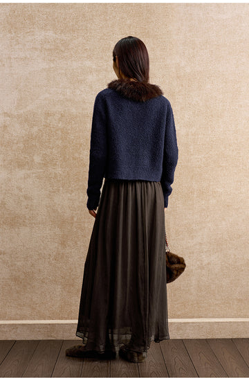 Yudiaohuan Detachable Faux Fur Collar Cardigan in Navy - view 3