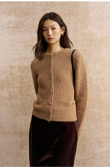 Yudiaohuan Detachable Faux Fur Collar Cardigan in Light Tea Camel - view 2