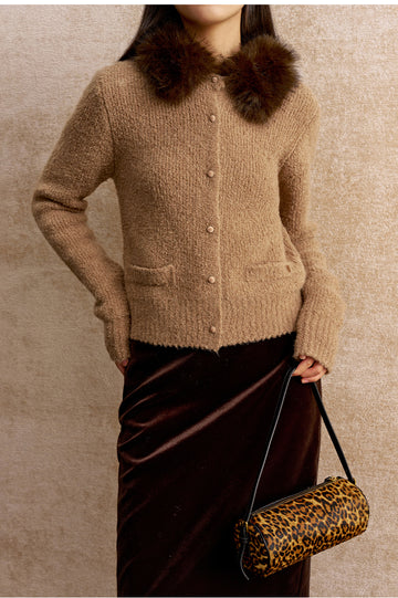 Yudiaohuan Detachable Faux Fur Collar Cardigan in Light Tea Camel - view 3