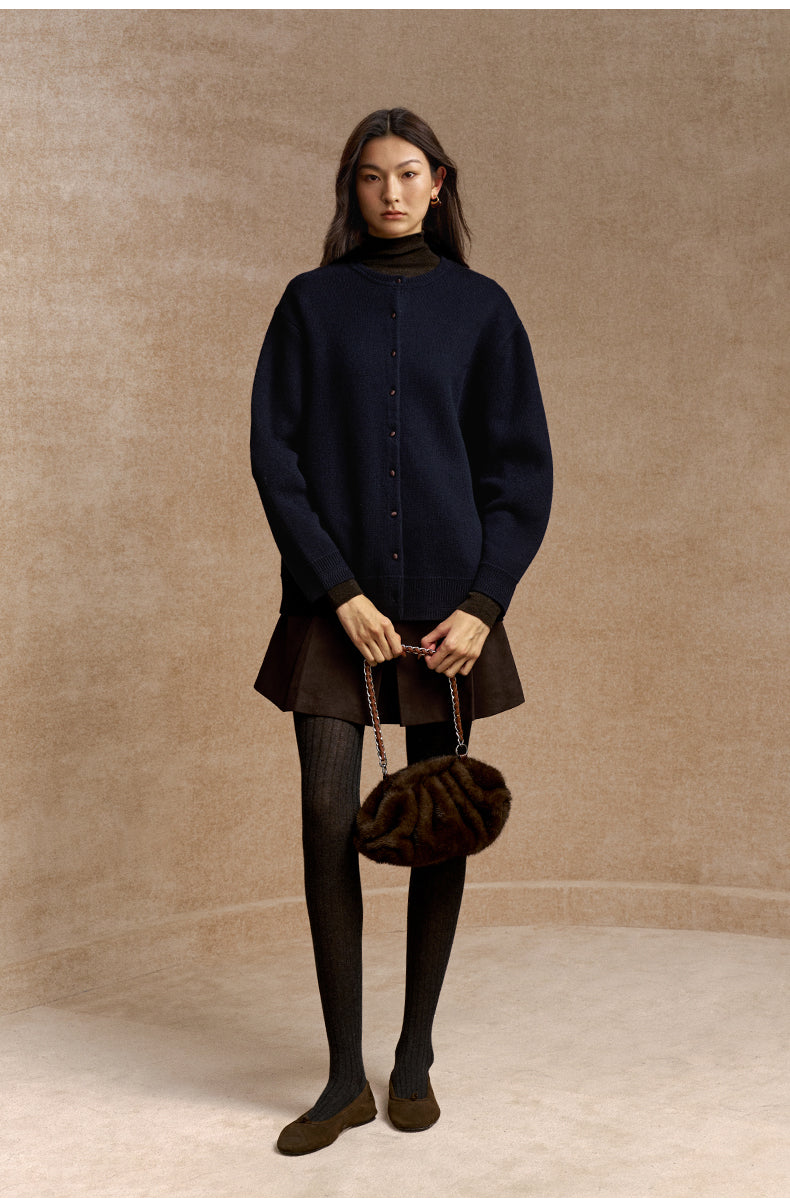 Mengheng Covered Button Knit Cardigan in Deep Navy - view 2