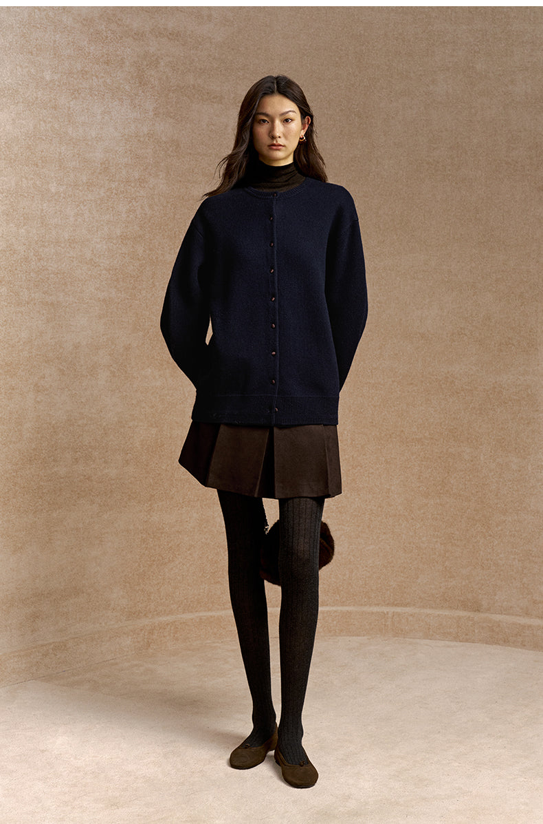 Mengheng Covered Button Knit Cardigan in Deep Navy - view 3