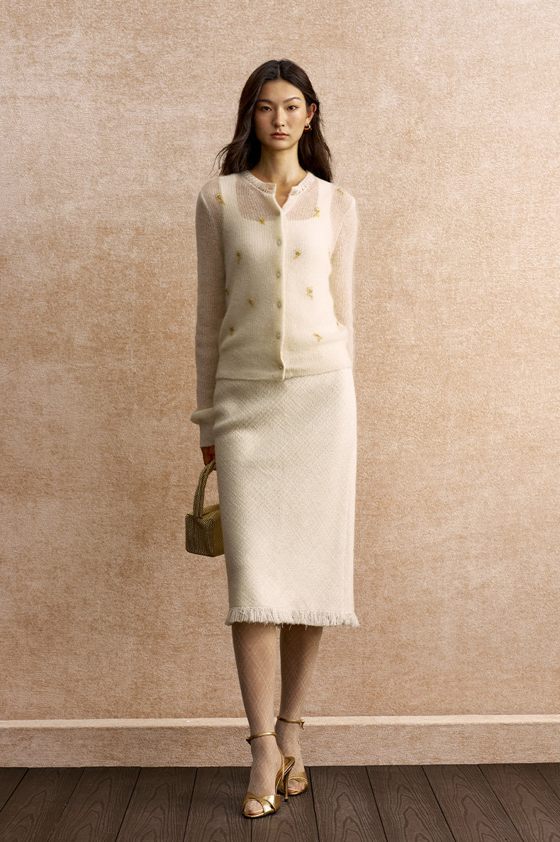 Yaojiman Beaded Mohair Blend Cardigan in Ivory White - view 1