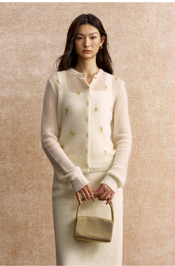 Yaojiman Beaded Mohair Blend Cardigan in Ivory White - view 2
