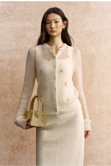 Yaojiman Beaded Mohair Blend Cardigan in Ivory White - view 3