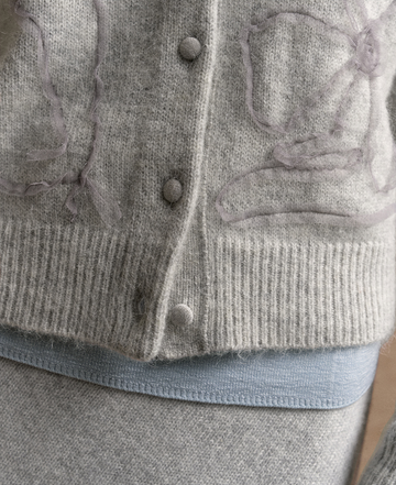 Qi Luo Xiang Floral Knit Cardigan in Light Dew Grey - Knit buttons and embroidery detail