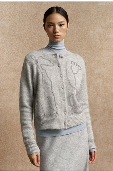 Qi Luo Xiang Floral Knit Cardigan in Light Dew Grey - view 3