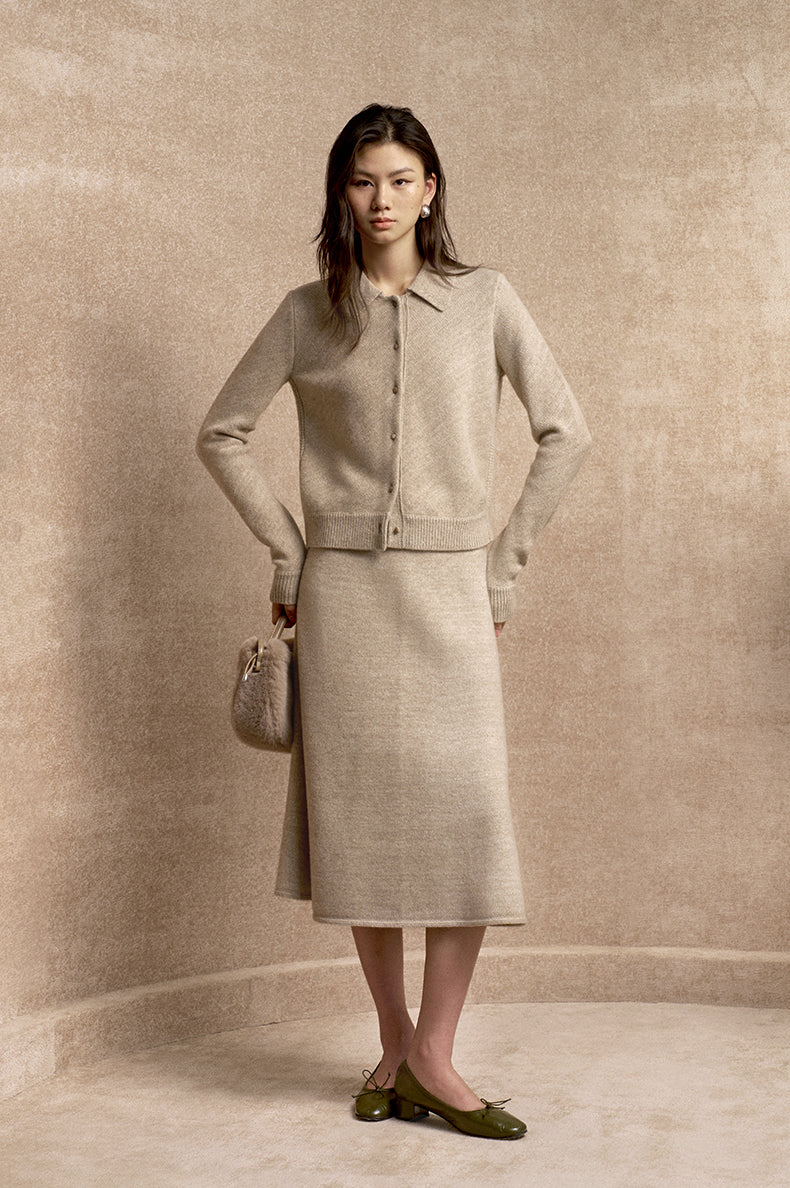 Qiuruixiang Rounded Collar Wool Cardigan in Light Apricot Beige - view 1 - Light Apricot Beige
