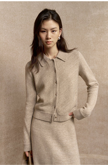Qiuruixiang Rounded Collar Wool Cardigan in Light Apricot Beige - view 2 - Light Apricot Beige
