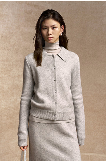 Qiuruixiang Rounded Collar Wool Cardigan in Light Heather Grey - view 1 - Light Heather Grey