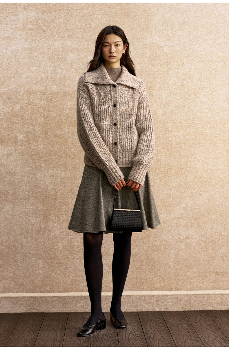 Sanziling Collared Cable Knit Cardigan in Beige Brown Melange - view 1