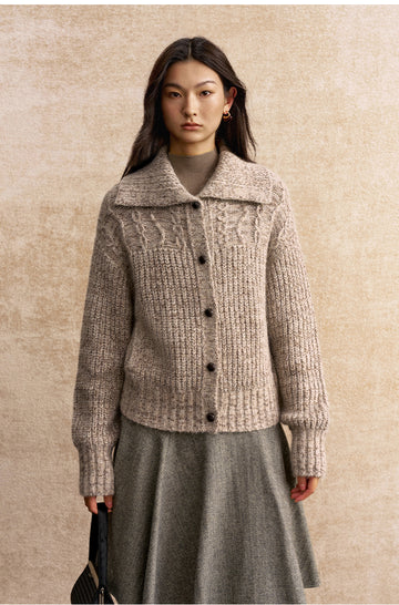 Sanziling Collared Cable Knit Cardigan in Beige Brown Melange - view 2