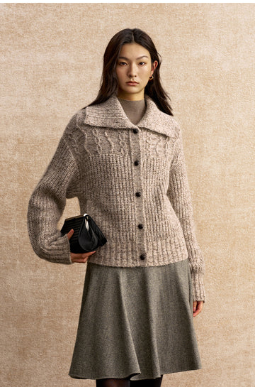 Sanziling Collared Cable Knit Cardigan in Beige Brown Melange - view 3