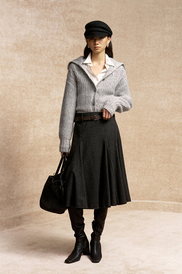 Sanziling Collared Cable Knit Cardigan in Flecked Grey - view 1