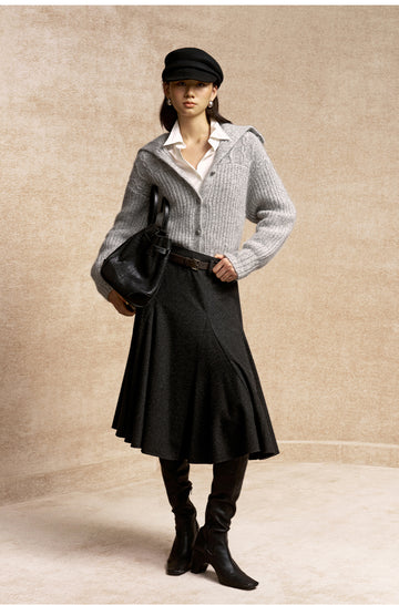 Sanziling Collared Cable Knit Cardigan in Flecked Grey - view 2