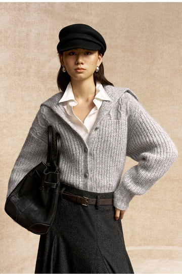 Sanziling Collared Cable Knit Cardigan in Flecked Grey - view 3