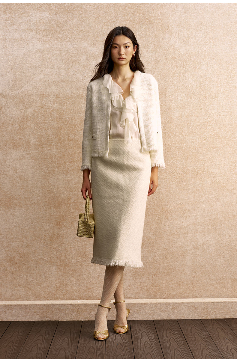 Yimeng Fringed Textured Knit Jacket in Pearl White - view 2