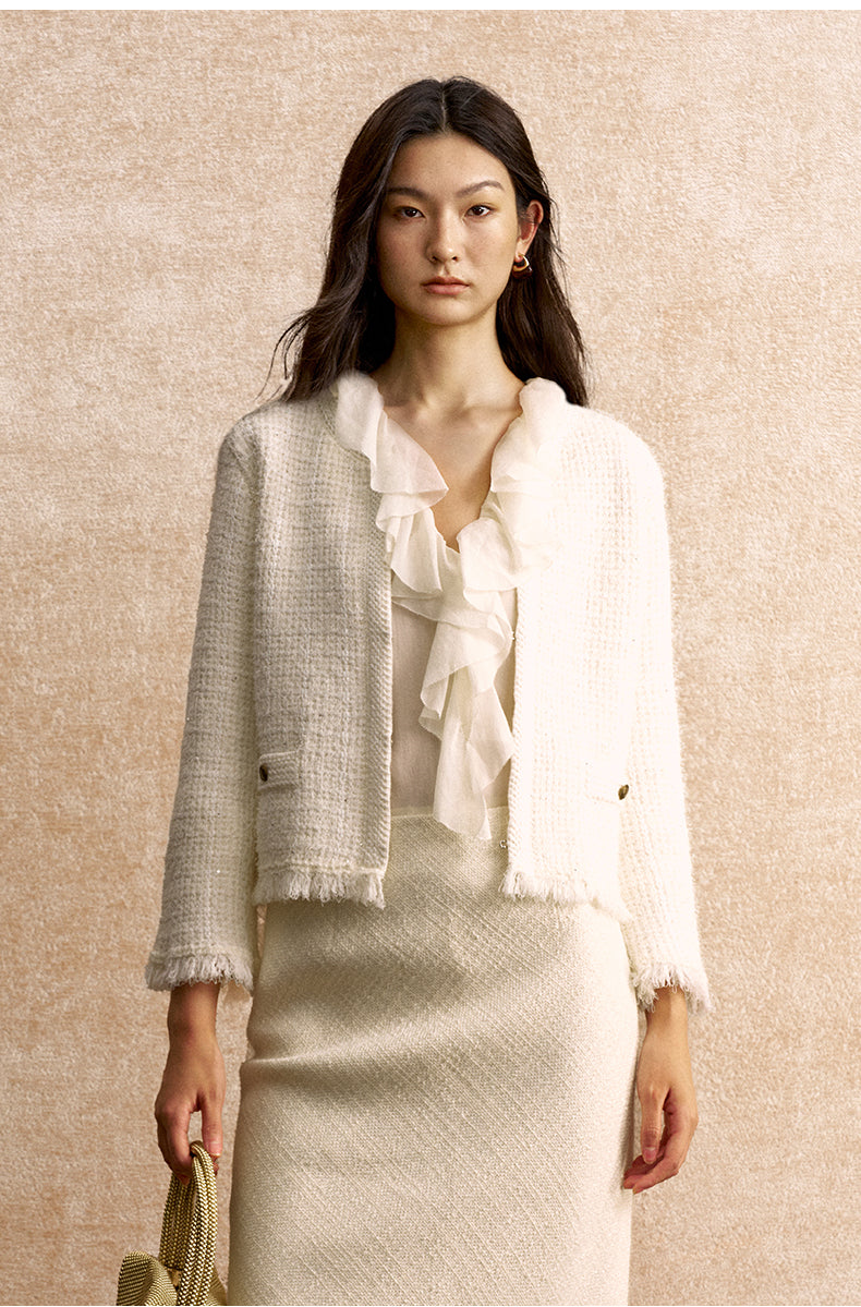 Yimeng Fringed Textured Knit Jacket in Pearl White - view 6