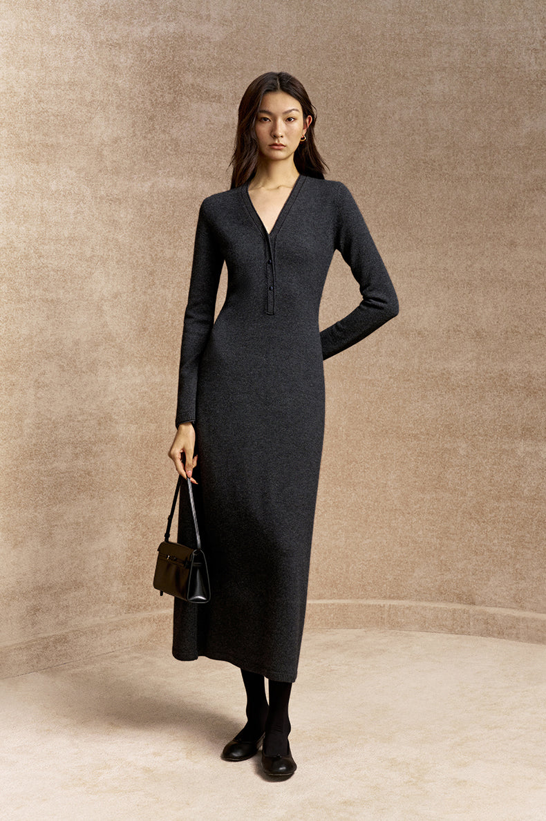 Qiezuoling V Neck Wool Knit Dress in Deep Smoke Grey - view 1