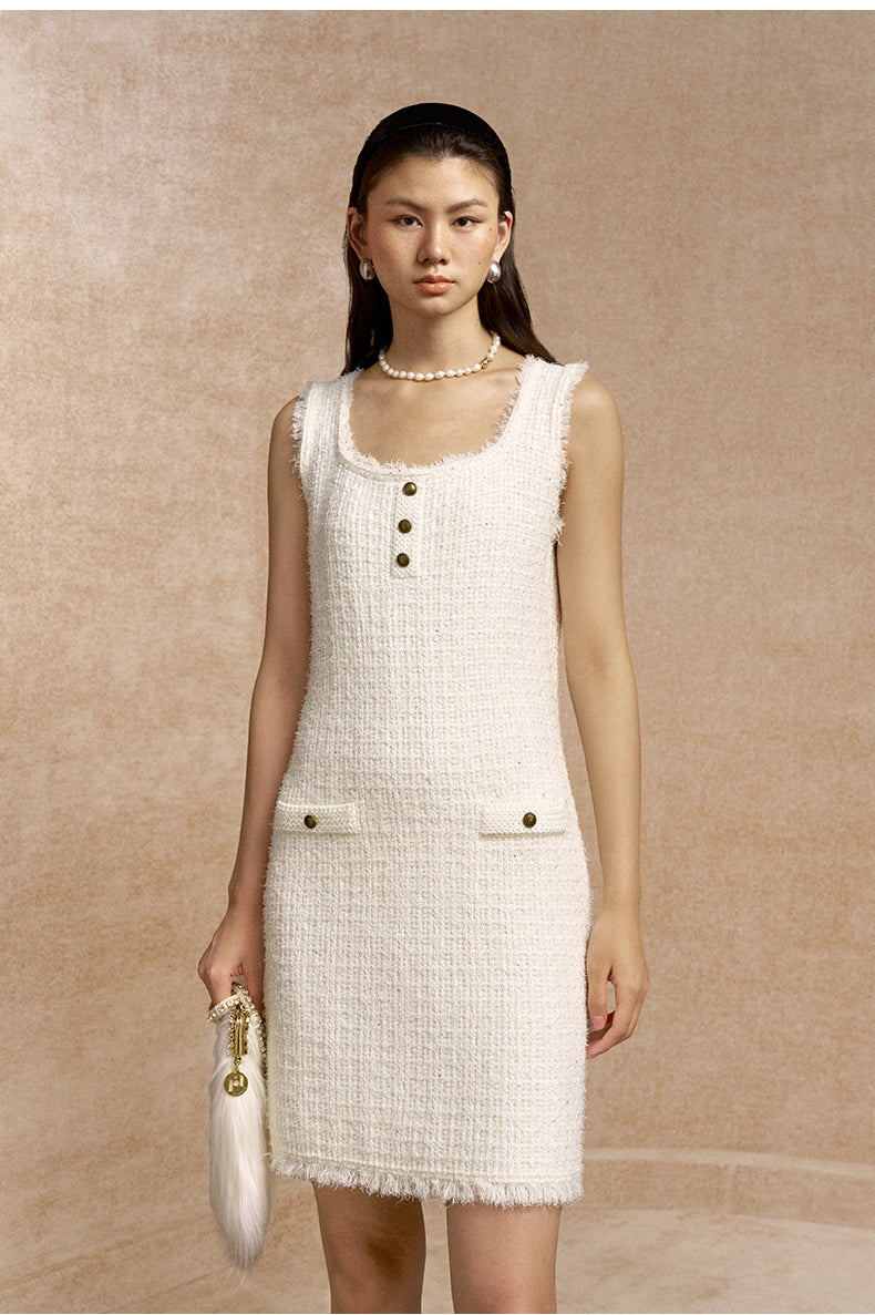 Yidian Fringed Textured Knit Dress in Pearl White - view 4