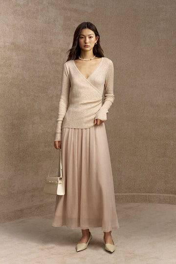 Yisimeng Wrap Knit Chiffon Maxi Dress in Light Apricot Beige - view 1